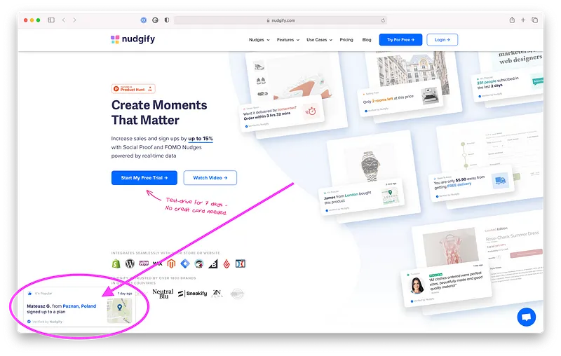 Screenshot of the Nudgify service