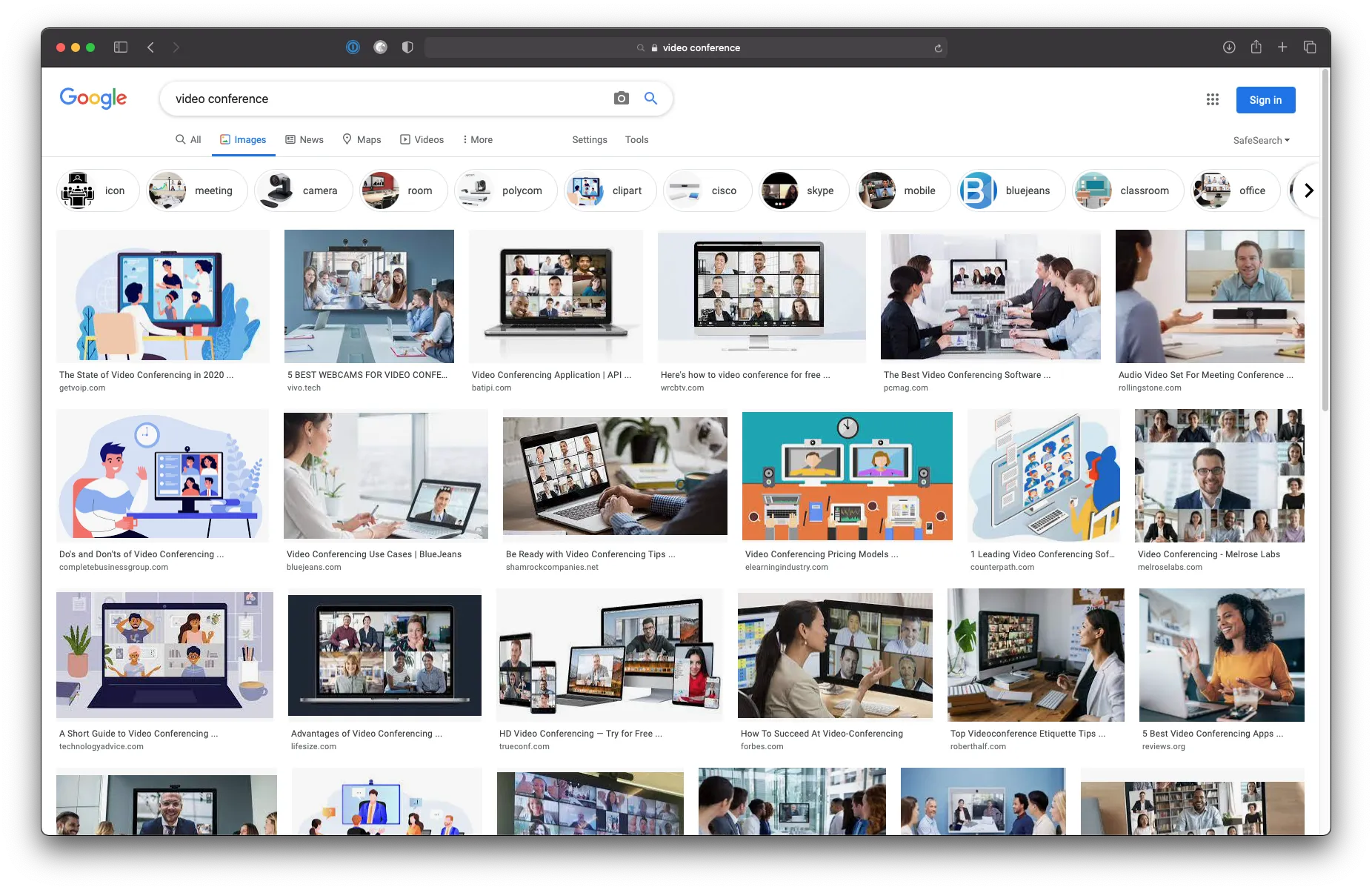 A screen shot of a Google Image Search for “video conference” showing many images with videos arranged in a grid filling up a computer screen