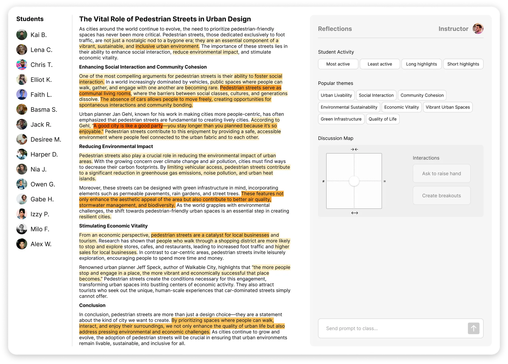 Screenshot of an AI-assisted classroom tool showing student highlights on a text about the role of pedestrian streets in urban design. The interface includes a list of students on the left, the highlighted text in the center, and a reflections section on the right. The reflections section features buttons for filtering student activity and popular themes like ‘Urban Livability’ and ‘Community Cohesion,’ as well as a discussion map for creating breakouts based on student interactions.