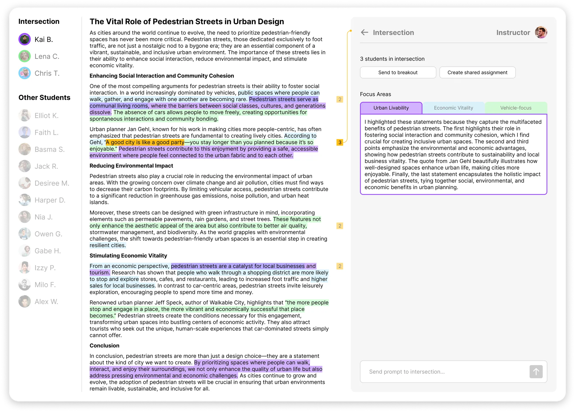 AI-powered classroom interface showing student highlights on a text about pedestrian streets in urban design, with an instructor’s tool on the right to manage intersections and focus areas among student reflections.