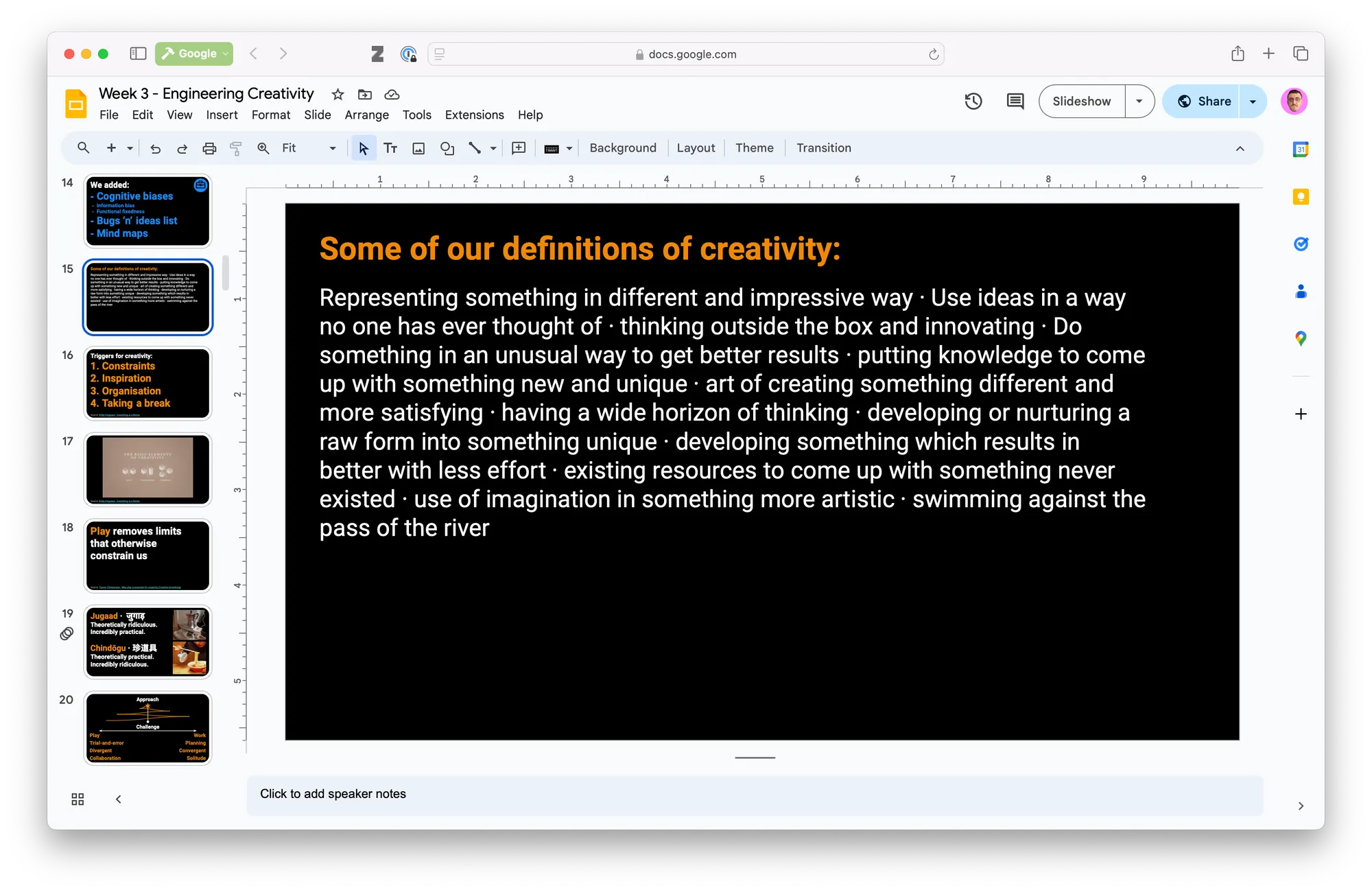 A Google Slides presentation slide showing “Some of our definitions of creativity” listed in bullet points. The slide is part of a deck discussing various aspects of creativity and includes sidebar notes on cognitive biases and inspiration.