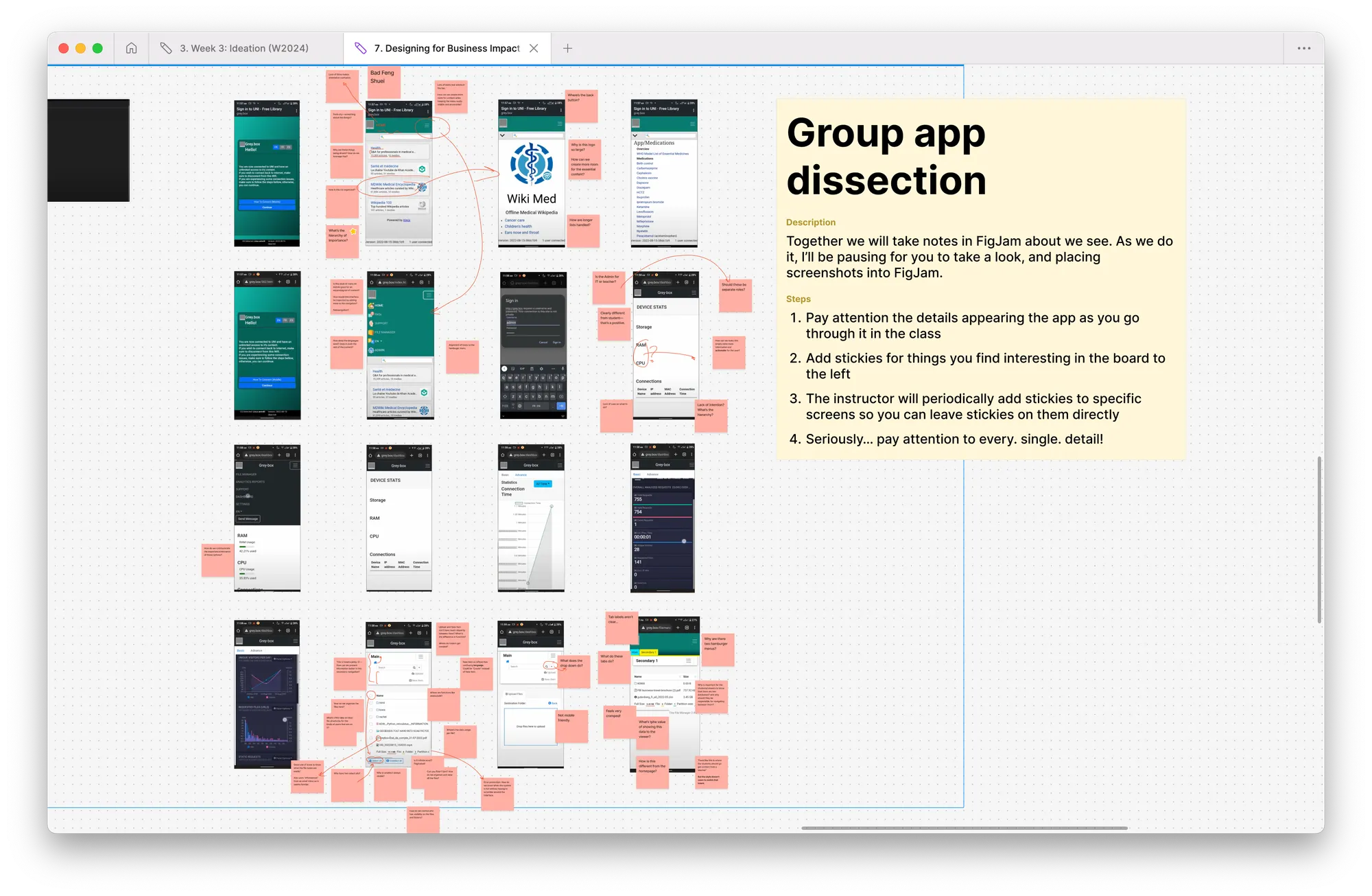 A screenshot of a FigJam board titled “Group app dissection”. It shows a detailed step-by-step process where a mobile app is being analyzed through screenshots arranged on the board, alongside annotations and additional sticky notes for comments and observations.