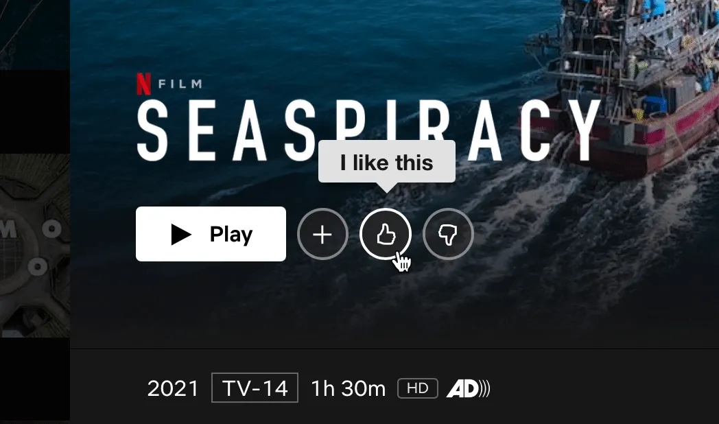 A cursor is going over the thumbs up and thumbs down options on Netflix which read “I like this” and “Not for me” respectively.